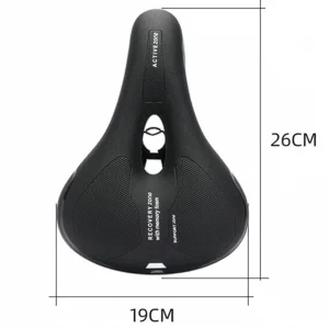 Top view of black memory foam bike saddle with 26 cm by 19 cm size guide