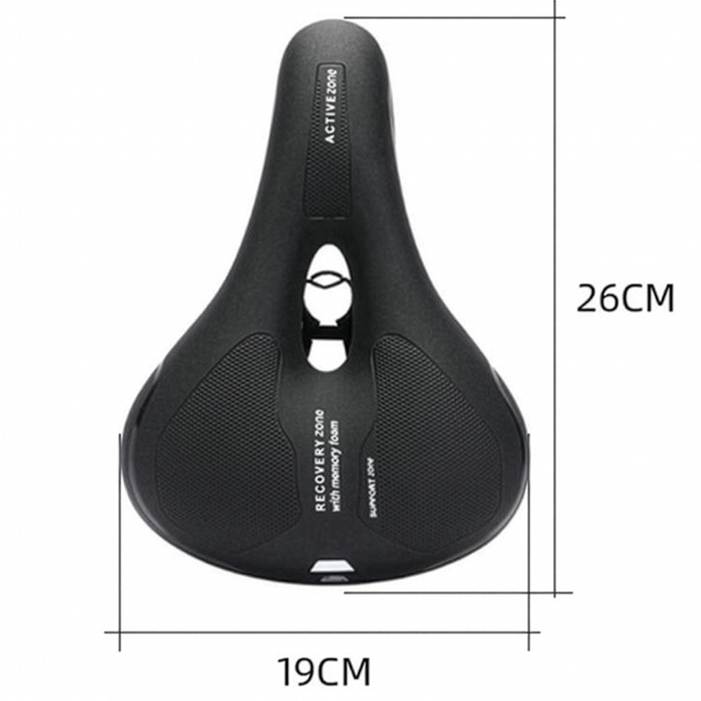 Top view of black memory foam bike saddle with 26 cm by 19 cm size guide
