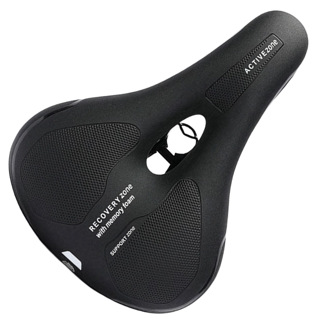 Top view of black wide bicycle saddle with textured padding and ventilation cutout