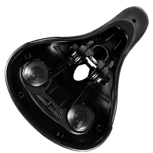 Underside of black bicycle saddle showing standard rails and covered support units