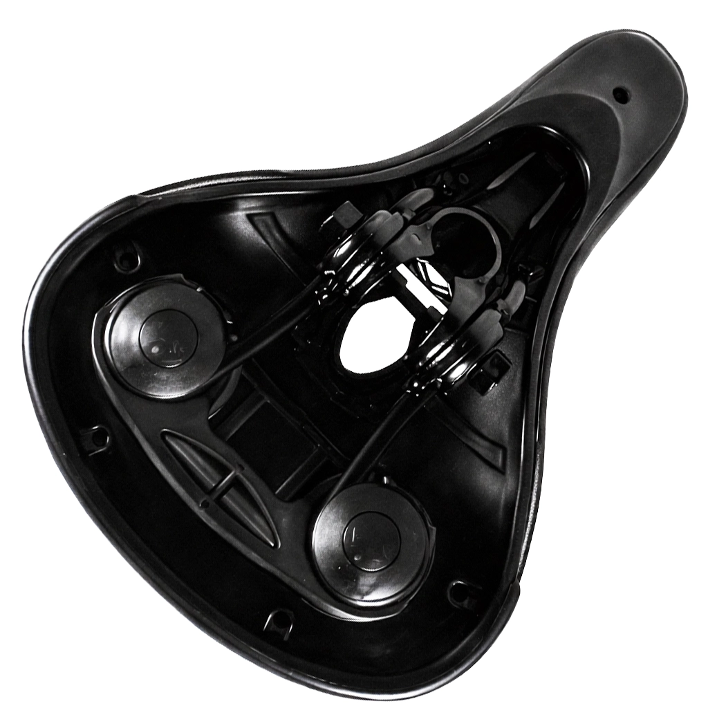 Underside of black bicycle saddle showing standard rails and covered support units