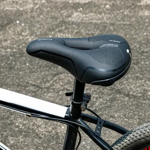 black wide bike saddle fitted to a bicycle for everyday commuting use