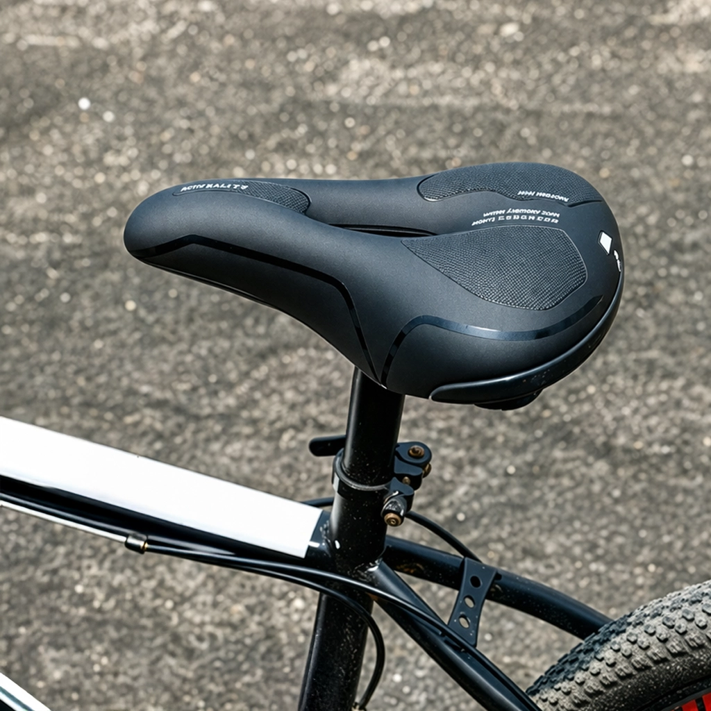 black wide bike saddle fitted to a bicycle for everyday commuting use
