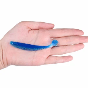Blue silver Suckerme 10cm soft lure shown on a hand for size reference