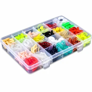 Clear tackle box filled with assorted small soft bait lures in multiple colours