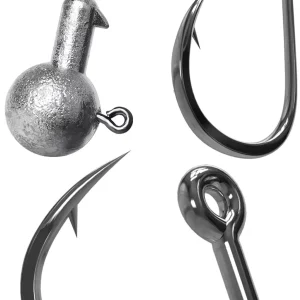 Close-up of a jig head showing the line eye, hook point, barb and weighted head
