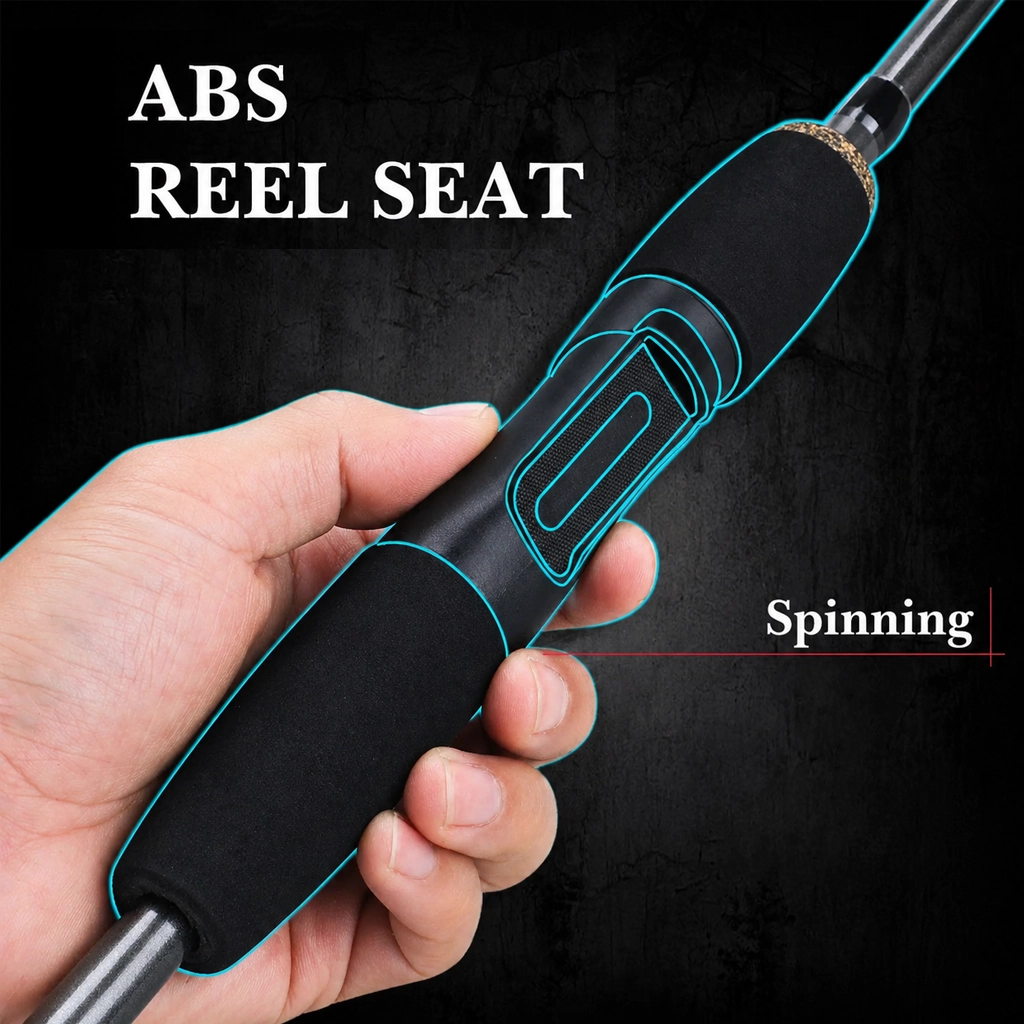 Close-up of portable spinning rod handle with black foam grip and ABS reel seat