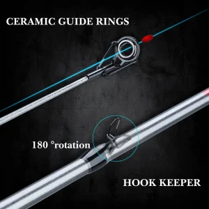 Close-up of spinning rod ceramic guide ring and rotating hook keeper on grey rod blank
