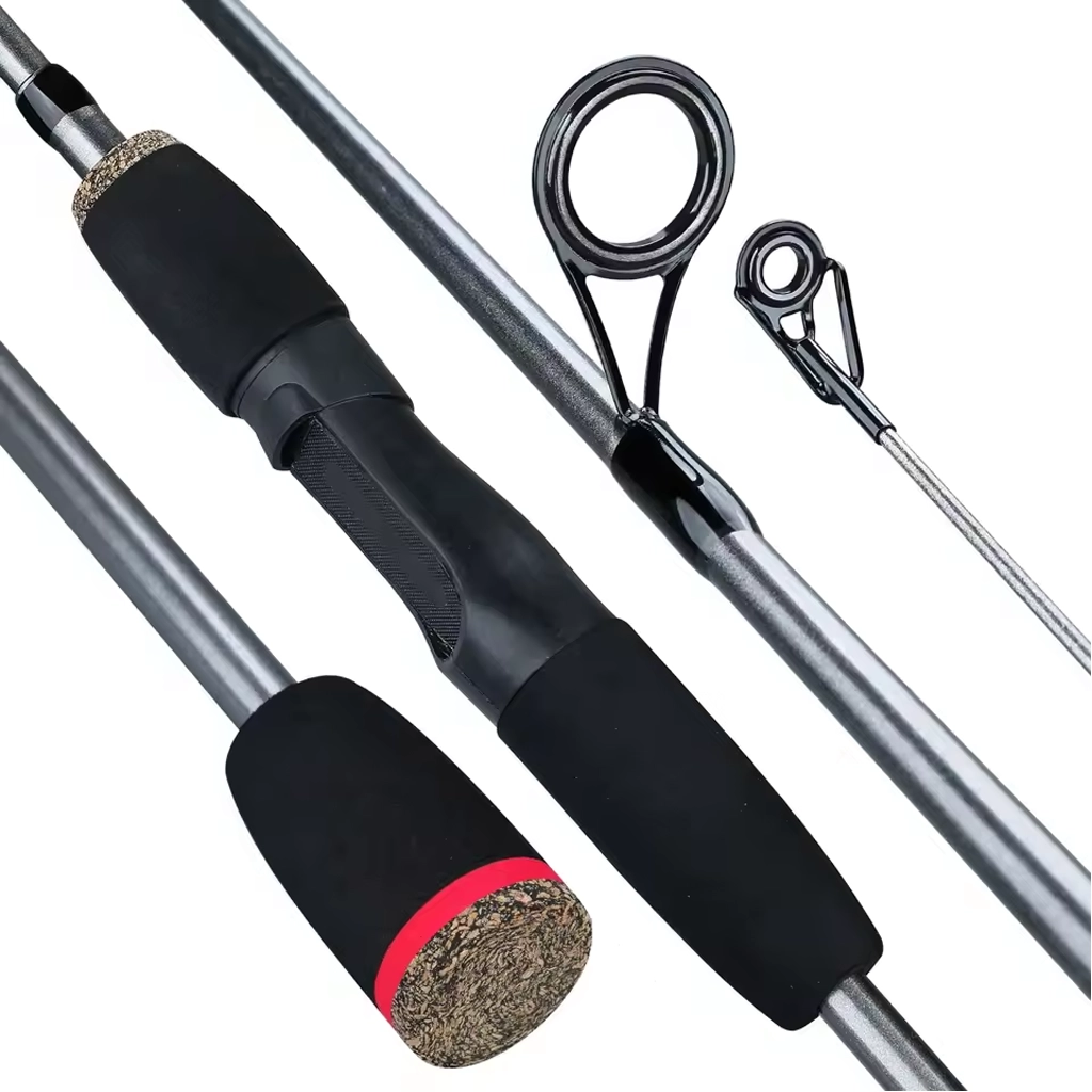 Close-up of spinning rod handle, black foam grip, ceramic guides and grey rod sections.