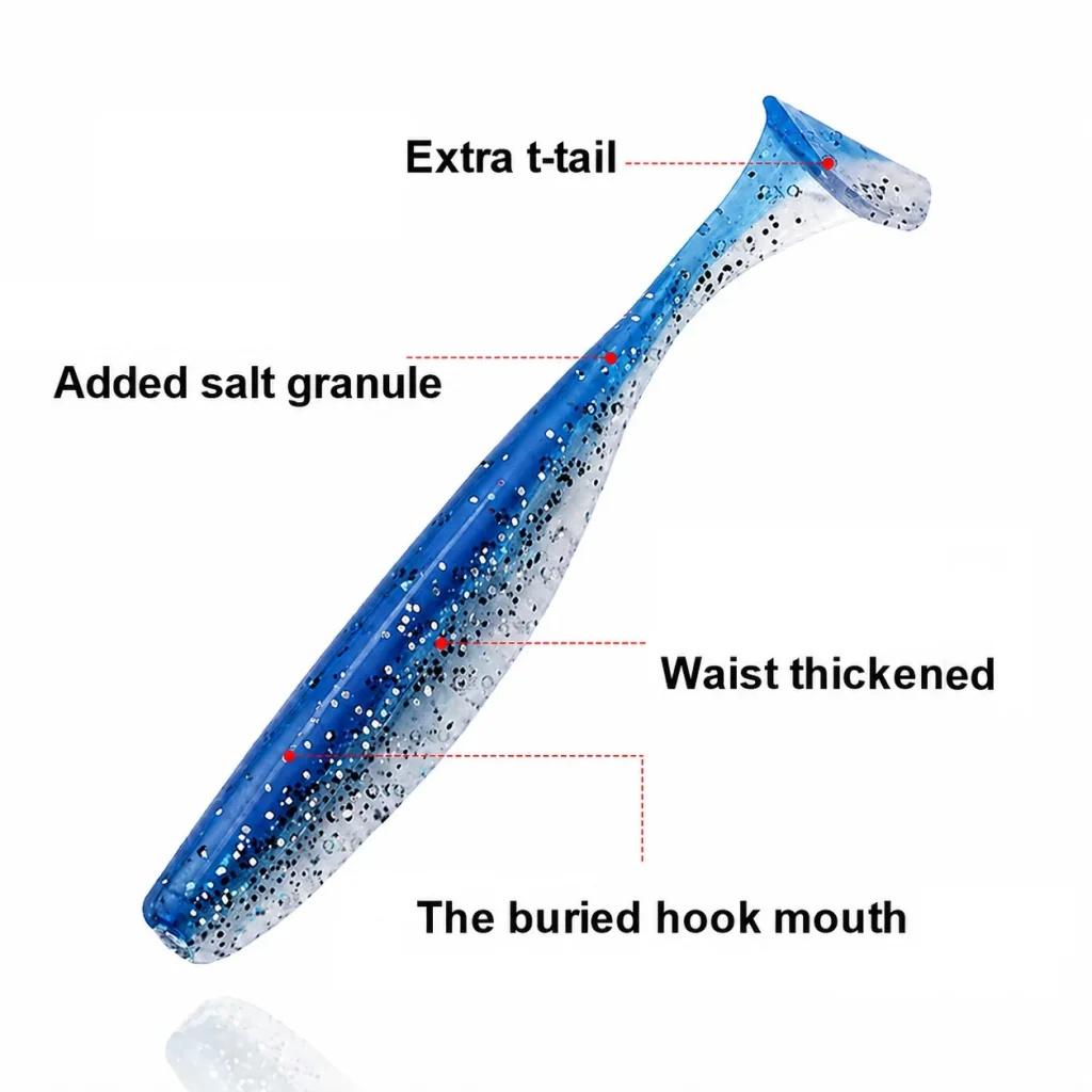 Feature diagram of blue silver soft lure showing T-tail, thickened body and hook slot