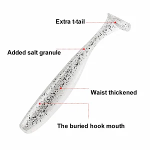 Feature diagram of white glitter soft lure showing T-tail, salt granule, thickened waist and hook slot