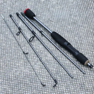 Five-section portable spinning rod laid out with handle, rod sections and guide tip.