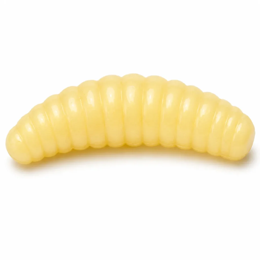 Pale yellow soft bait grub lure close-up showing ribbed 2cm body