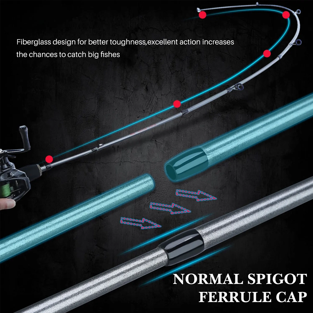 Portable spinning rod showing five-section design, rod bend and normal spigot ferrule cap
