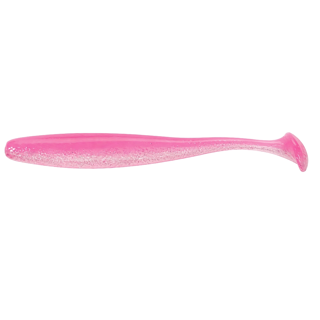 Side profile of Suckerme pink paddle tail soft lure with glitter finish