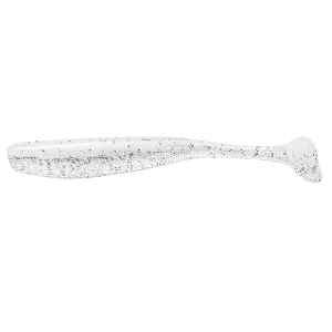 Side profile of white glitter paddle tail soft bait with translucent silicone body
