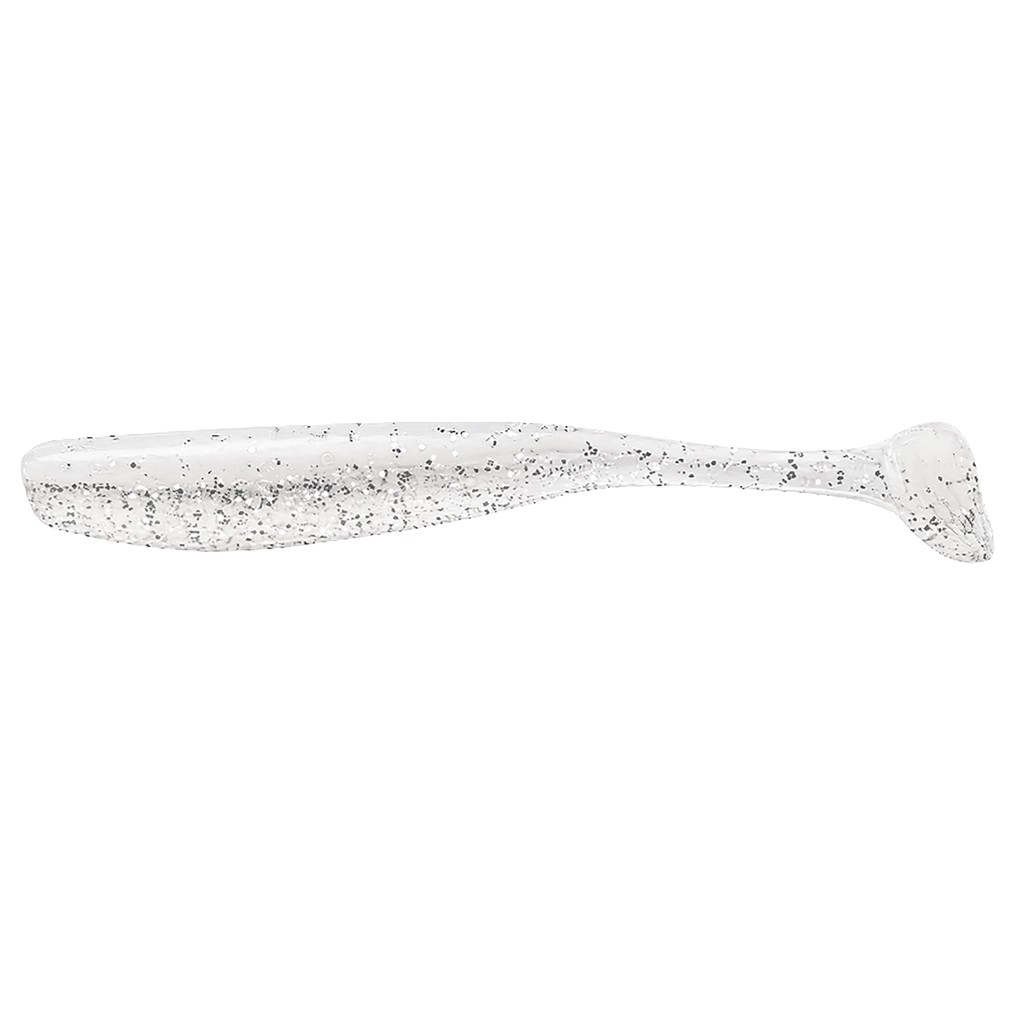Side profile of white glitter paddle tail soft bait with translucent silicone body