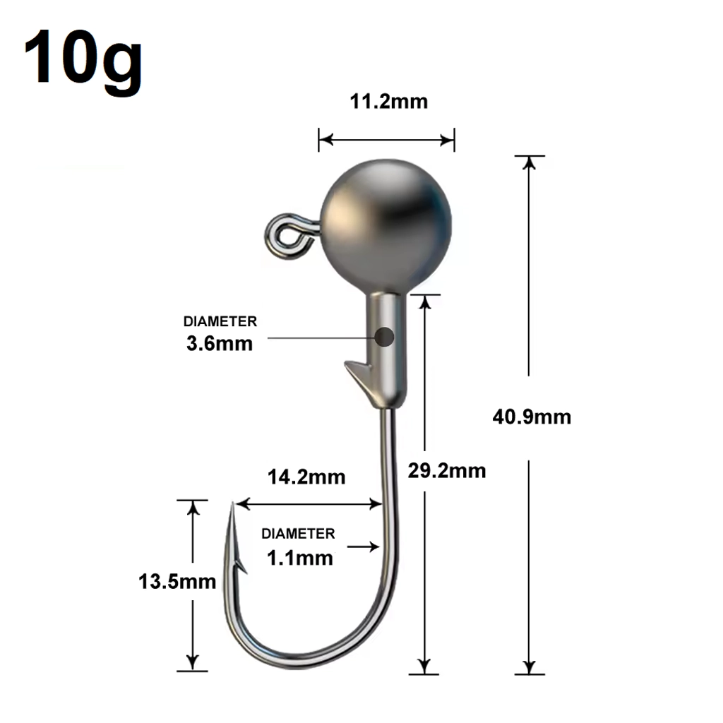 Size diagram for a 10g jig head showing head diameter, total length, hook gap, hook wire diameter and keeper diameter