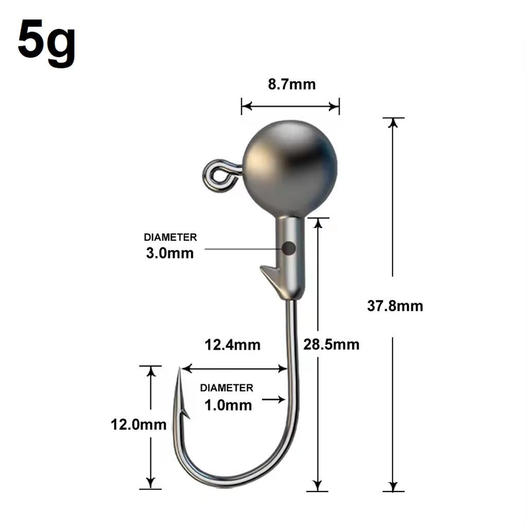 Size diagram for a 5g jig head showing head diameter, total length, hook gap, hook wire diameter and keeper diameter