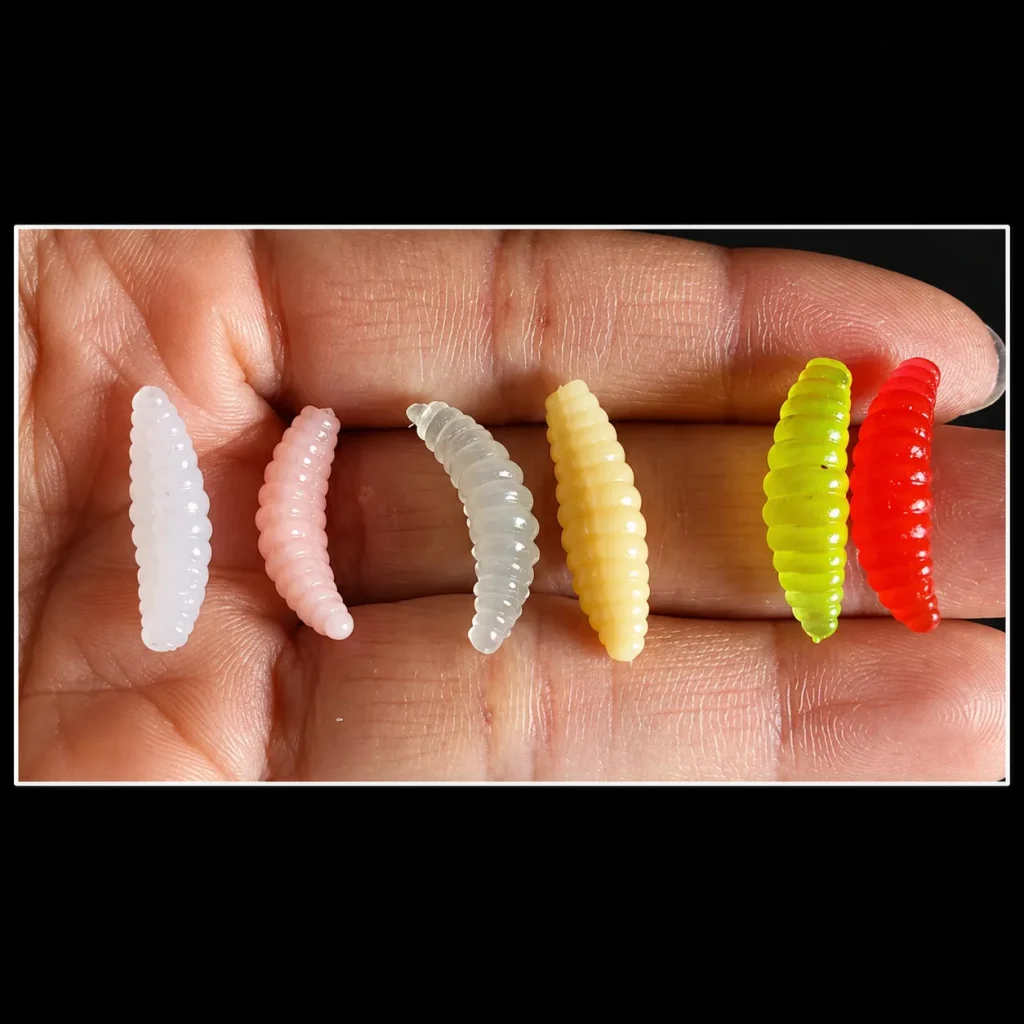 Small ribbed silicone grub baits in assorted colours displayed on a hand for size reference