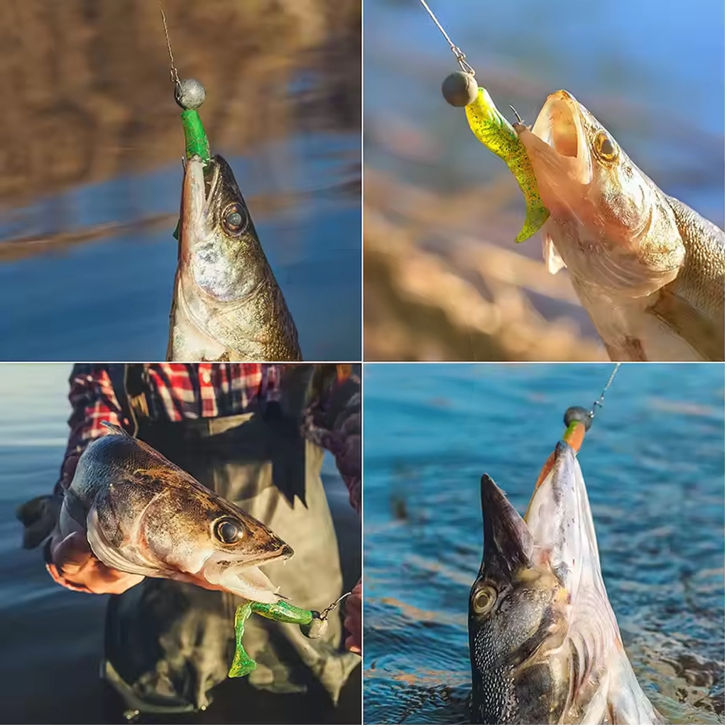 Soft bait rigged on a jig head being used for fishing in the water