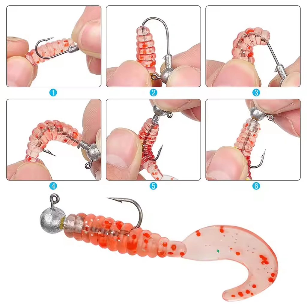 Step-by-step soft bait rigging guide showing how to thread a soft plastic lure onto a jig head