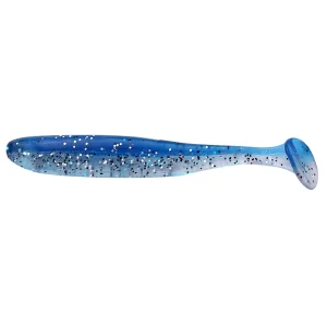 Suckerme 10cm blue and silver paddle tail soft lure with glitter flecks on a white background