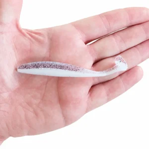 White glitter paddle tail soft lure shown on a hand for size reference