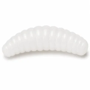 White soft bait grub lure close-up with translucent ribbed body