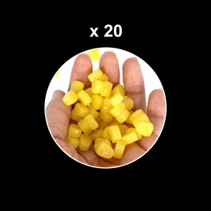 Yellow small soft bait lures shown as a 20 piece pack for light tackle fishing