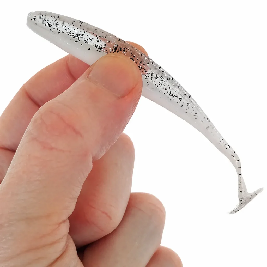 Suckerme 10cm white glitter soft lure with translucent body and paddle tail