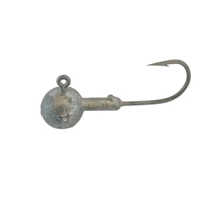 14g jig head with round weighted head, line eye, bait keeper and single hook on a white background