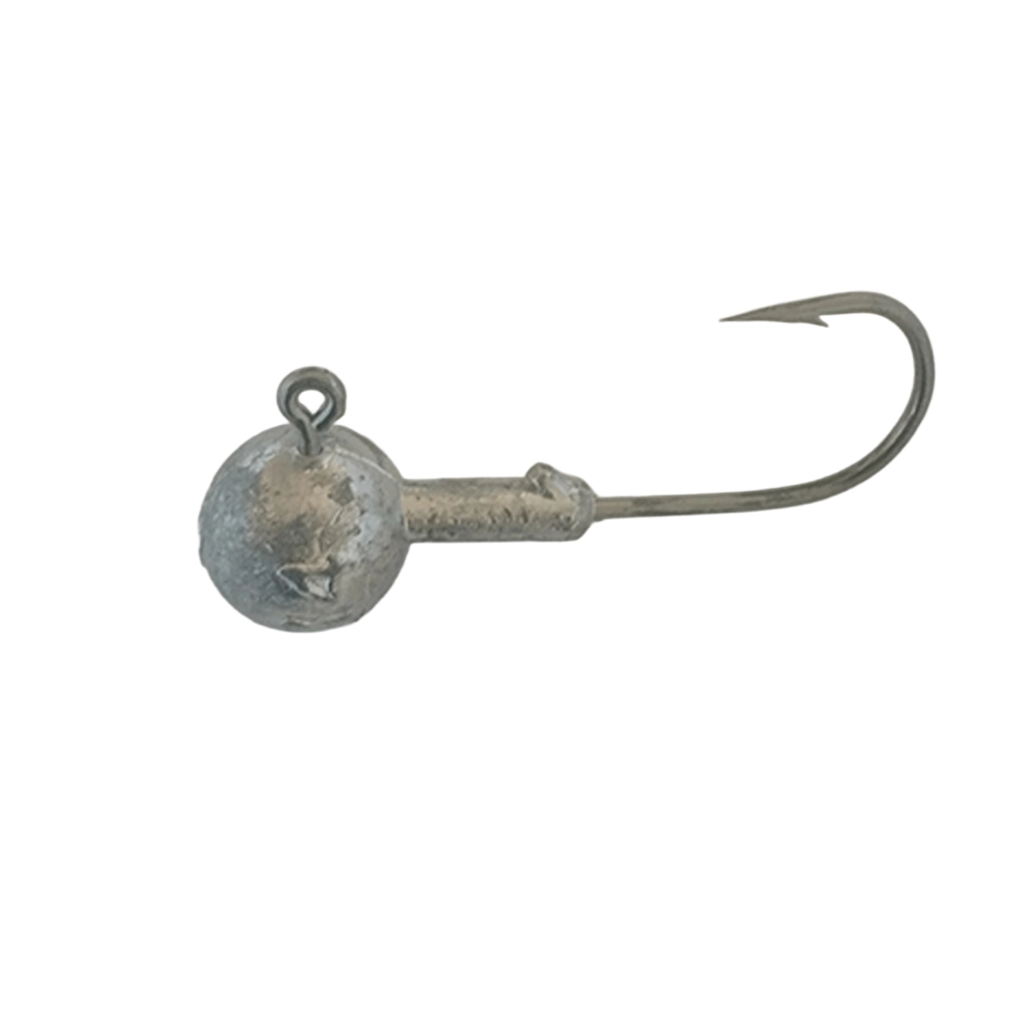 14g jig head with round weighted head, line eye, bait keeper and single hook on a white background
