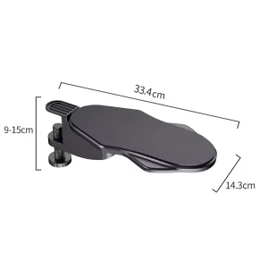 Black clamp on desk arm rest showing 33.4 cm length, 14.3 cm width and 9 to 15 cm clamp range