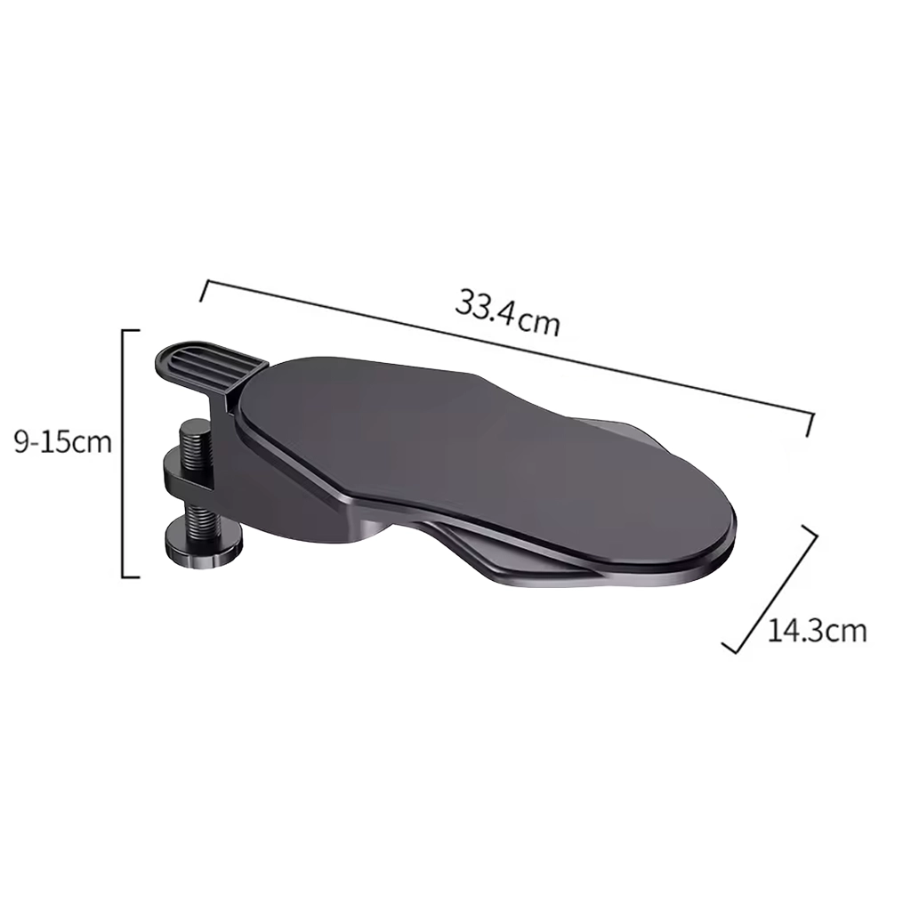 Black clamp on desk arm rest showing 33.4 cm length, 14.3 cm width and 9 to 15 cm clamp range