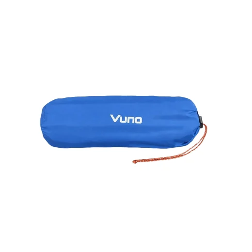 Blue Vuno hiking sleeping mat packed inside its compact storage bag with drawstring cord