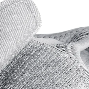 Close-up of grey wrist splint hook-and-loop fastening material and stitched fabric edge