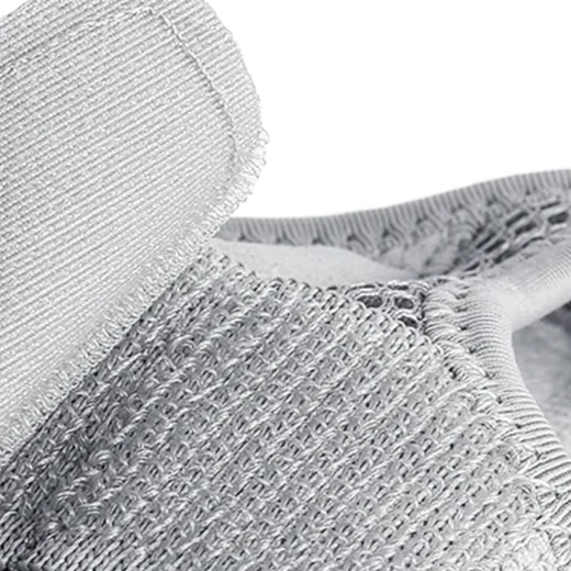 Close-up of grey wrist splint hook-and-loop fastening material and stitched fabric edge