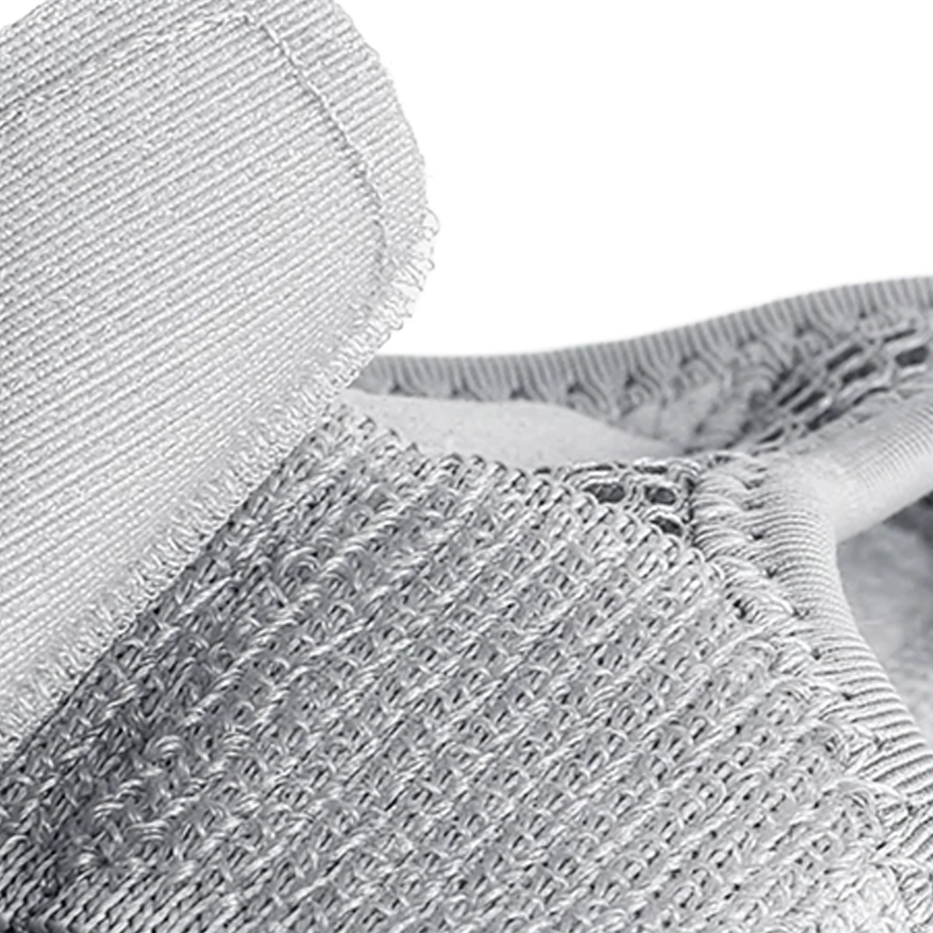 Close-up of grey wrist splint hook-and-loop fastening material and stitched fabric edge