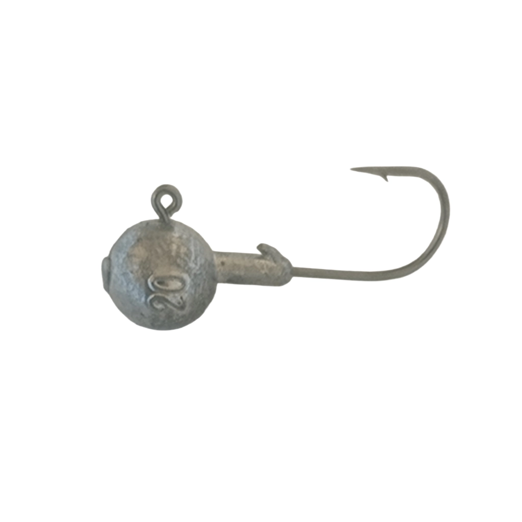 Front view of a 20g round jig head showing the weight marking and single hook