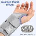 Grey right hand wrist splint showing enlarged thumb opening and breathable mesh fabric