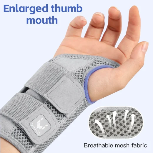 Grey right hand wrist splint showing enlarged thumb opening and breathable mesh fabric