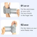 Grey right hand wrist splint showing how to place the thumb through the opening and fasten the adjustable straps