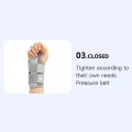 Grey right hand wrist splint worn closed with adjustable pressure straps secured around the wrist