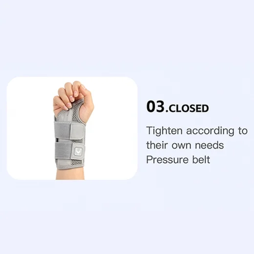 Grey right hand wrist splint worn closed with adjustable pressure straps secured around the wrist