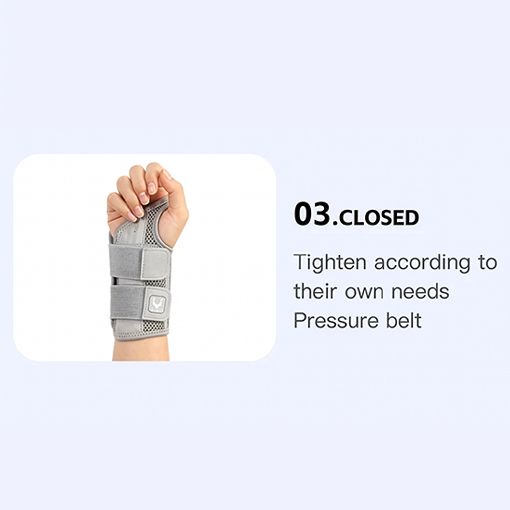 Grey right hand wrist splint worn closed with adjustable pressure straps secured around the wrist