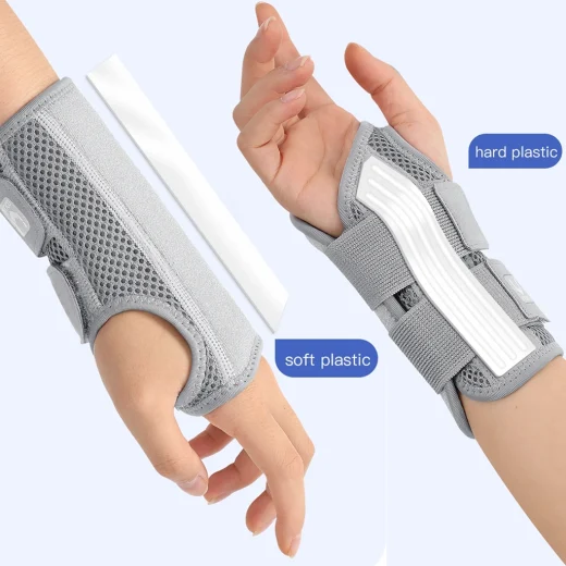 Grey wrist splint showing soft plastic and hard plastic support inserts