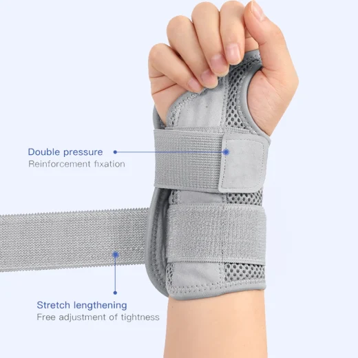 Right hand wrist splint with adjustable straps showing double pressure support and stretch adjustment
