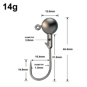 Size diagram for a 14g jig head showing head diameter, total length, hook gap, hook wire diameter and keeper diameter