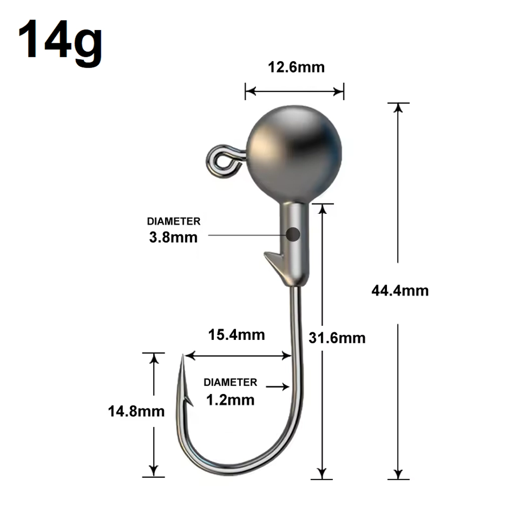 Size diagram for a 14g jig head showing head diameter, total length, hook gap, hook wire diameter and keeper diameter